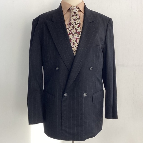 Double Breasted Peak Collar Charcoal/ Blue Bespoke Pinstripe Suit Coat 42 Reg - Picture 1 of 12
